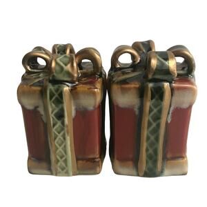 Vintage Christmas Salt Pepper Shakers Gift Packages Drip Glaze Ceramic Presents